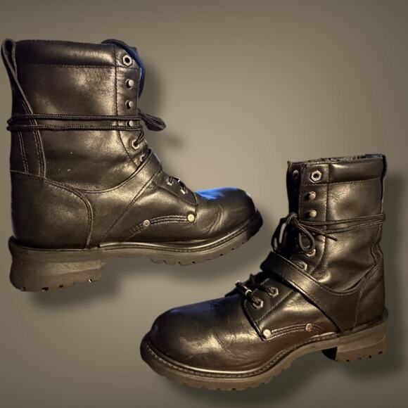 Men\'s 10 HARLEY DAVIDSON FADED GLORY Black Leather Harness Boots Silver Trim EUC main image 11